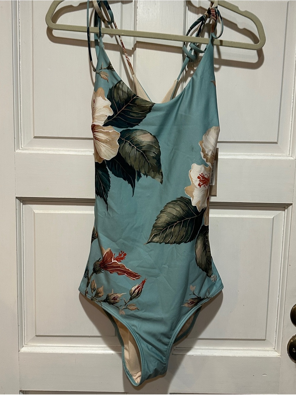 Floral Tie-Shoulder One-Piece Swimsuit in Teal Blue